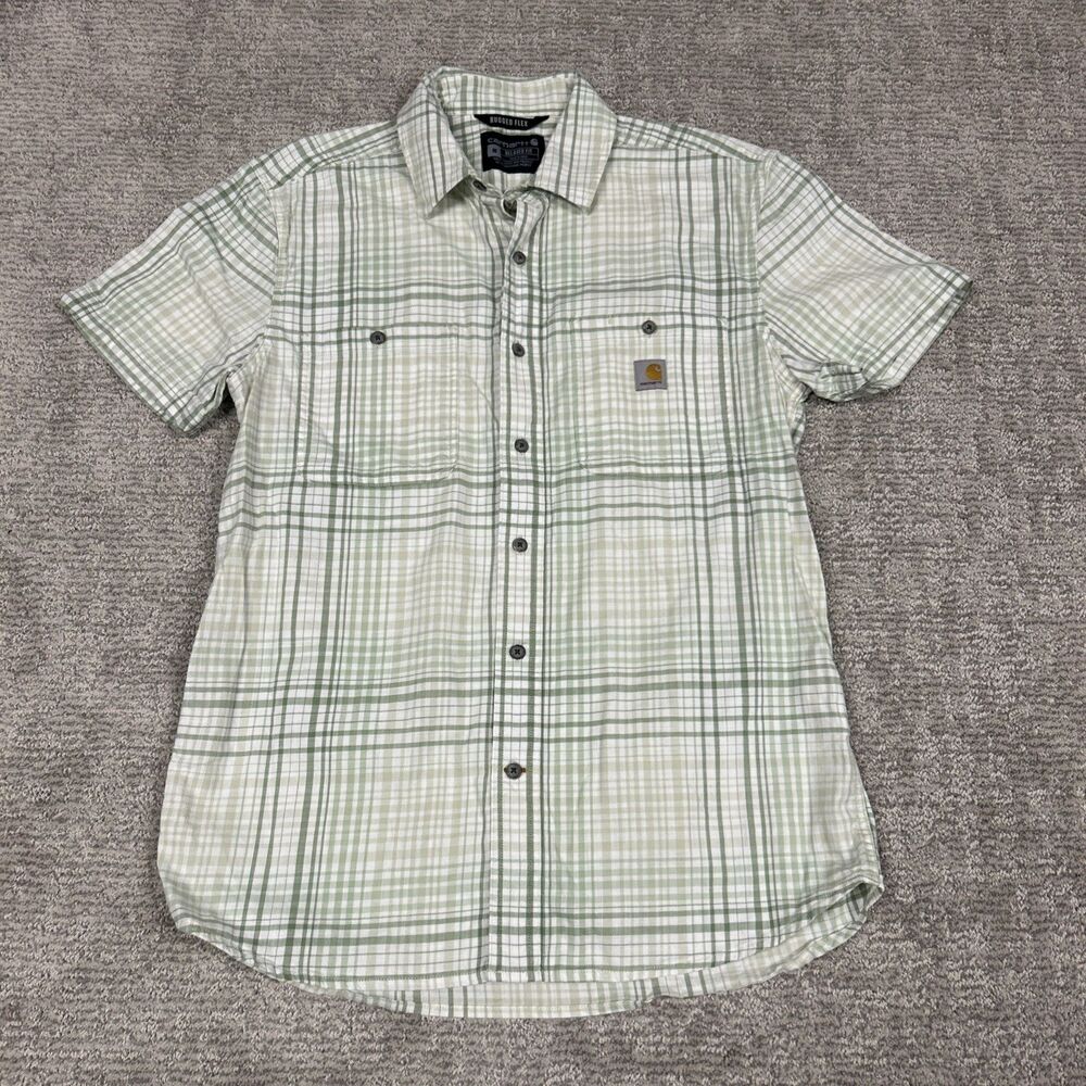 Carhartt Shirt Mens Medium Plaid Relaxed Fit Rugged Flex Green White Button Up